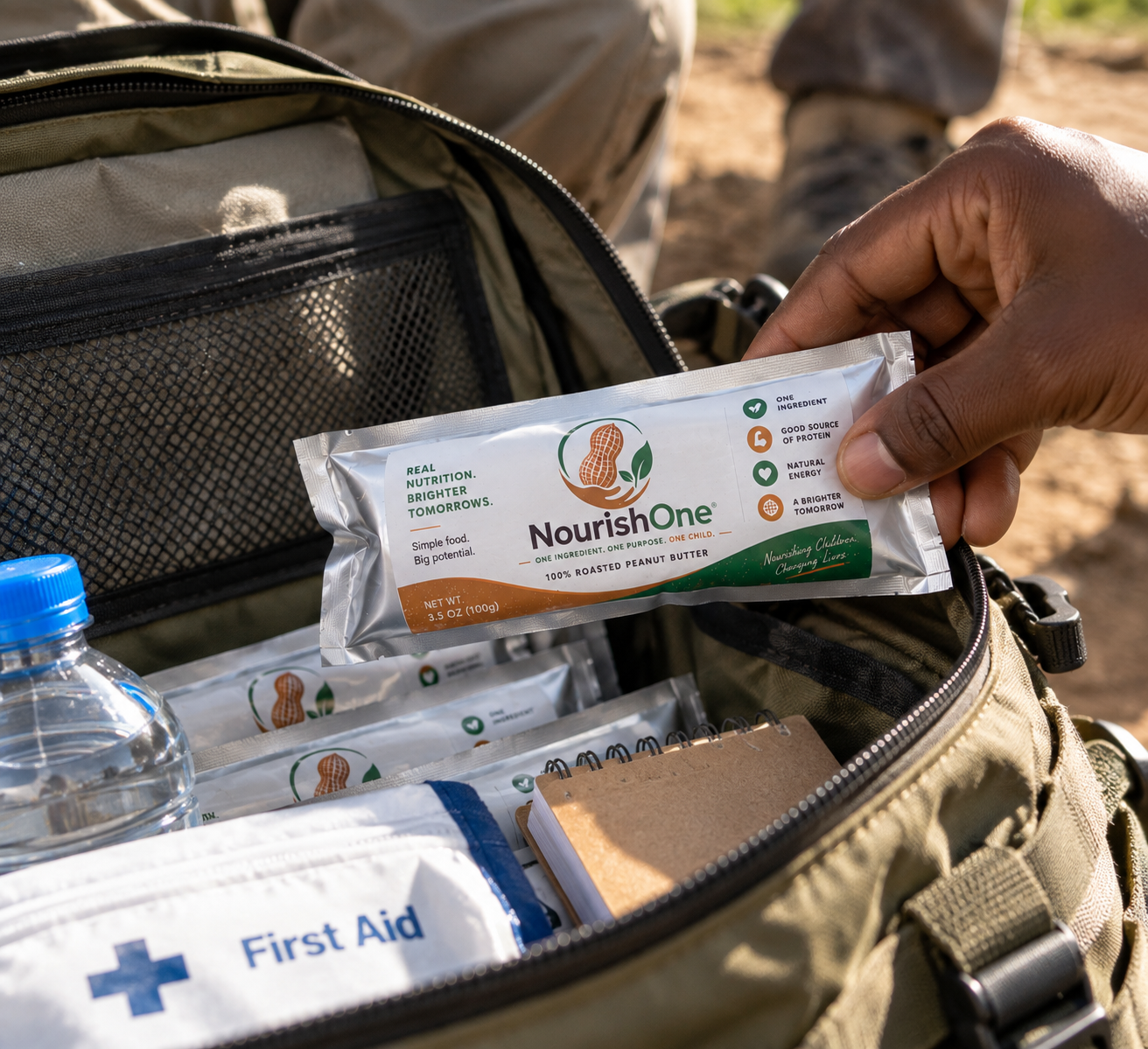 NourishOne peanut butter pouch packed with essential field supplies