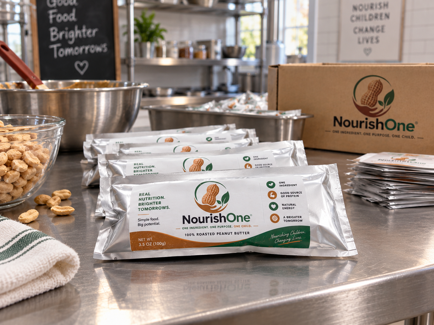 NourishOne peanut butter pouches prepared with roasted peanuts